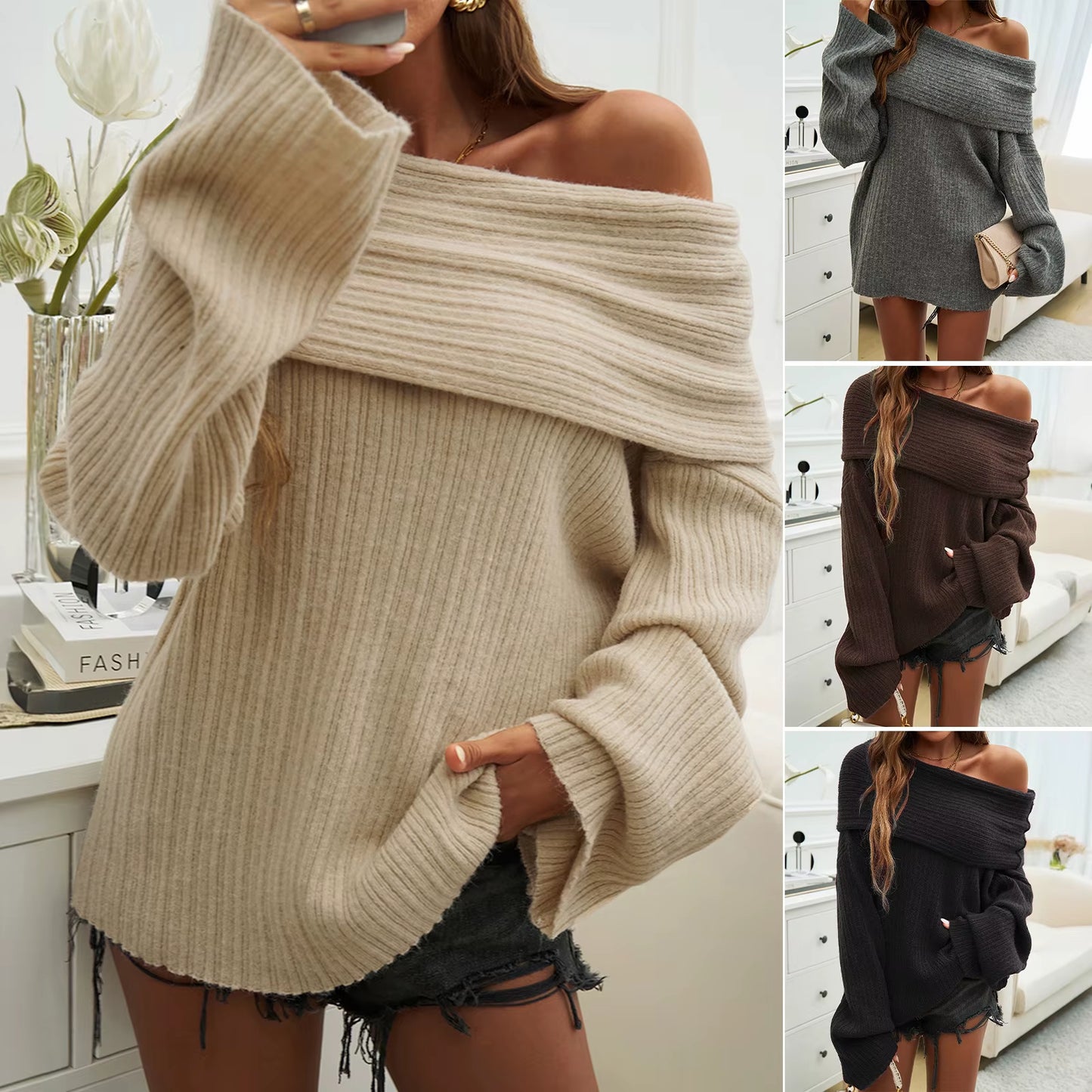 Solid Off-Shoulder Sweater Loose Slash Neck Long Sleeve Knitted Pullovers Women Autumn Winter Fashion Casual Lady Jumpers Mujer
