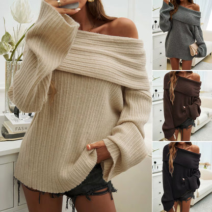 Solid Off-Shoulder Sweater Loose Slash Neck Long Sleeve Knitted Pullovers Women Autumn Winter Fashion Casual Lady Jumpers Mujer